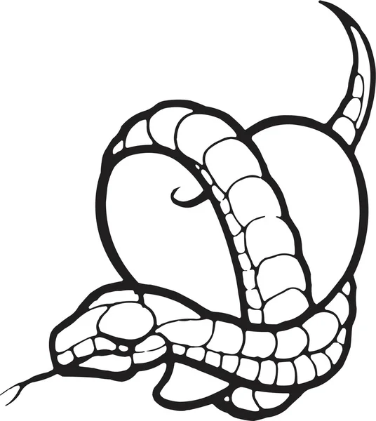 Een zwart-wit versie van een stencil met een hart met een slang gewikkeld rond het — Stockfoto