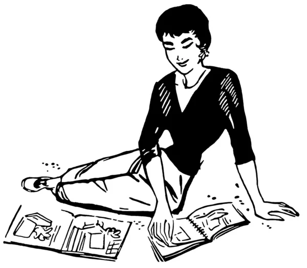 A black and white version of a vintage image of a woman flicking through magazines — Stock Photo, Image