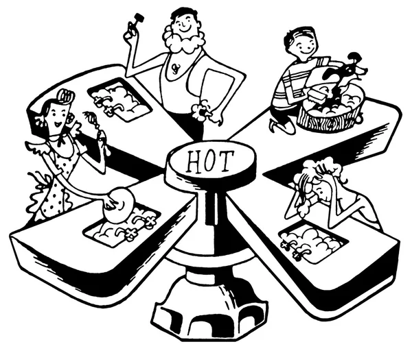 Uma versão em preto e branco de um desenho animado ilustração de quatro bacias em uma torneira — Fotografia de Stock