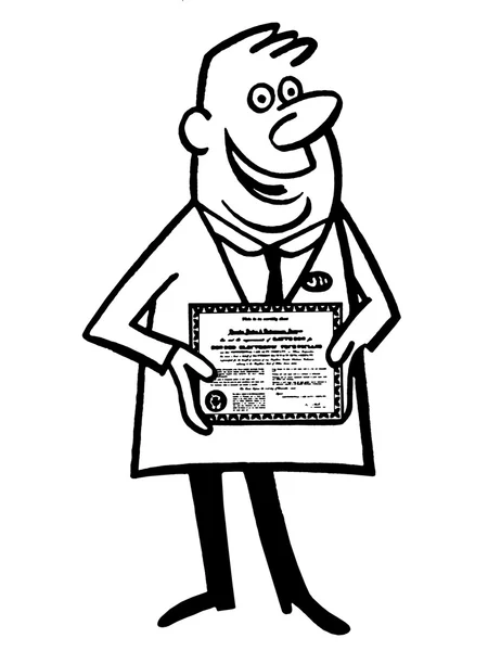A black and white version of a cartoon style illustration of a doctor with his diploma — Stock Photo, Image