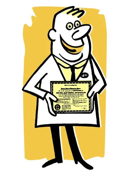 Μια γελοιογραφία στυλ εικονογράφηση ενός γιατρού με το δίπλωμα — Φωτογραφία Αρχείου