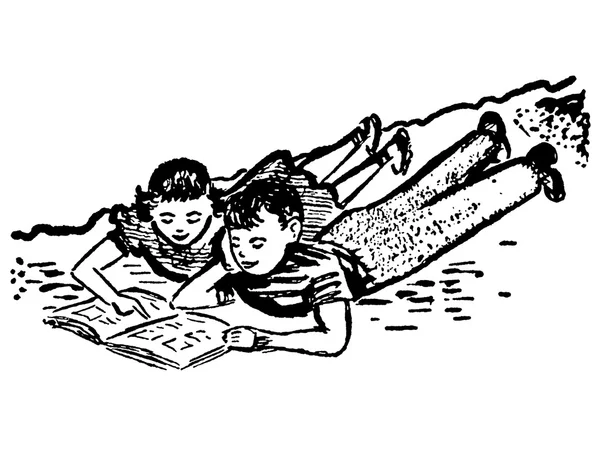 Uma versão em preto e branco de uma ilustração vintage de duas crianças fazendo lição de casa juntas — Fotografia de Stock