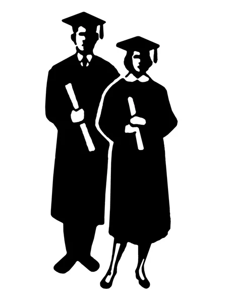 En svartvit illustration av två akademiker med sin diplom — Stockfoto