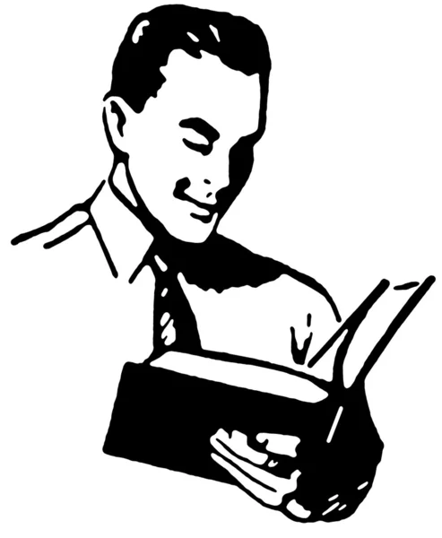 Siyah beyaz versiyonu bir Vintage kitap okuyarak bir adam çizimi — Stok fotoğraf