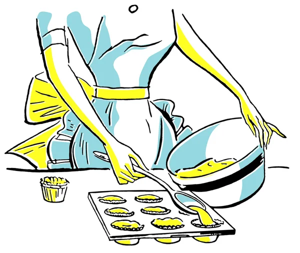 A vintage illustration of a woman baking muffins — Stock Photo, Image