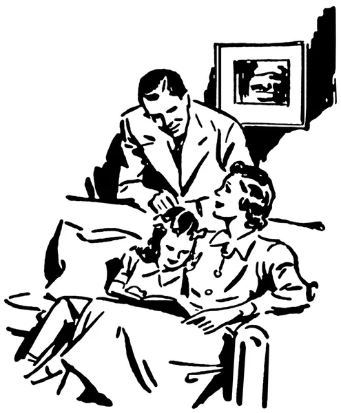 A black and white version of a vintage illustration of a family relaxing at home — Stock Photo, Image