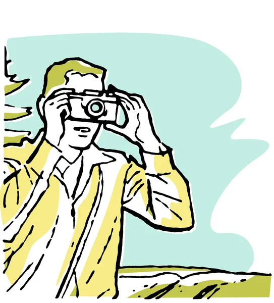 A vintage drawing of a man taking a photograph