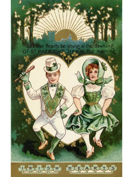 Винтажная открытка ко Дню Святого Патрика с ирландским мальчиком и девочкой, делающими джигу — стоковое фото