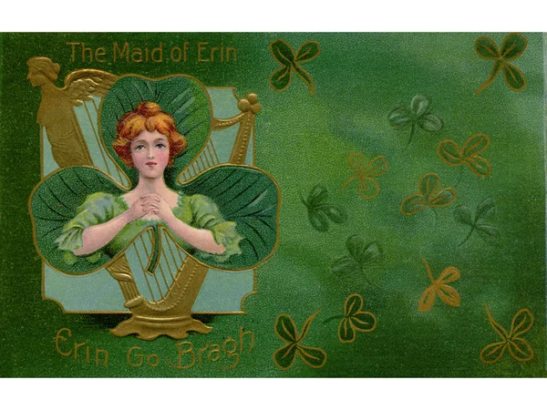 A vintage illustration of 'The Maid of Erin' surrounded by Shamrocks — Stock Photo, Image