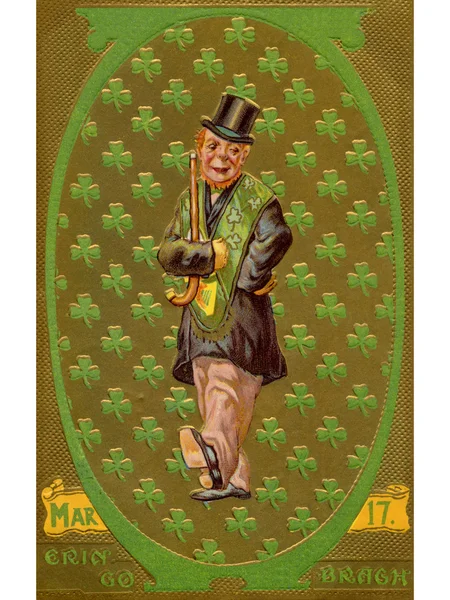 Eine alte St. Patrick 's Day Illustration eines irischen Mannes mit einem Muster aus Shamrock' s — Stockfoto