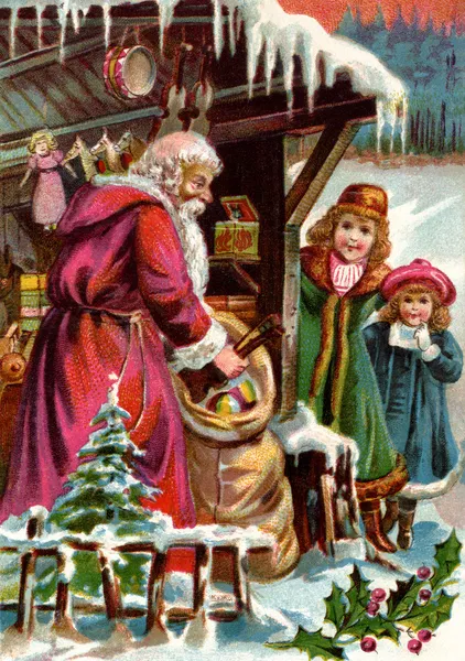 Vintage kerstkaart van santa claus leveren van giften aan twee meisjes — Stockfoto