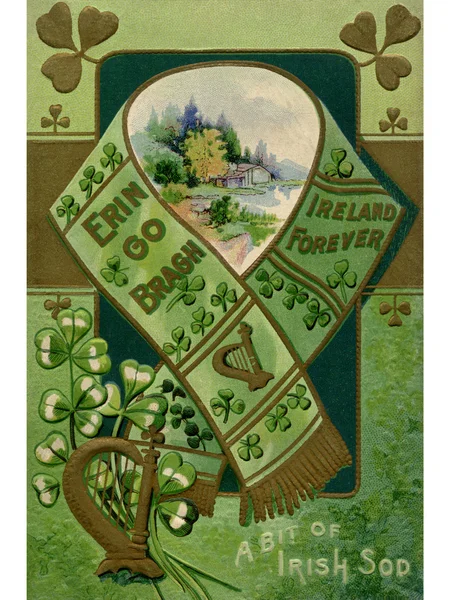 A vintage collage illustration of a scarf, harp, shamrocks and a rural landscape — Stock Photo, Image