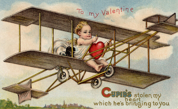A vintage Valentine card with cupid flying an airplane with a stolen heart