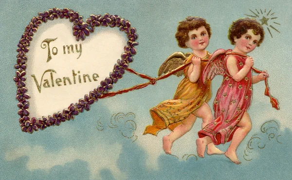 A vintage To My Valentine card with two cherubs pulling a heart — Stock Photo, Image