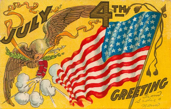4. Juli Postkarte mit Adler und Fahne — Stockfoto