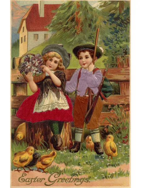 En vintage påsk vykort av en liten pojke och flicka omgiven av kycklingar — Stockfoto