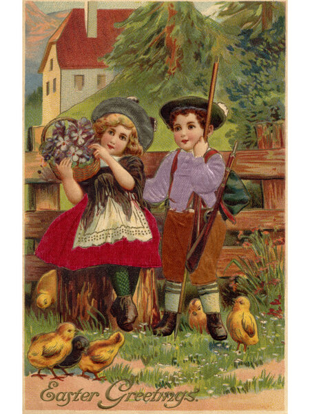 A vintage Easter postcard of a little boy and girl surrounded by chicks