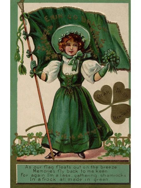 Un poème irlandais imprimé sur une carte vintage avec une illustration d'une jeune fille avec des trèfles et un drapeau — Photo
