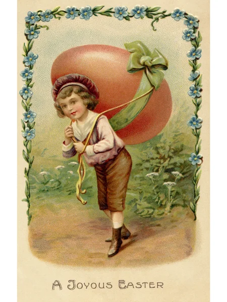 A vintage Easter postcard of a child with a large egg on his back — Stock Photo, Image