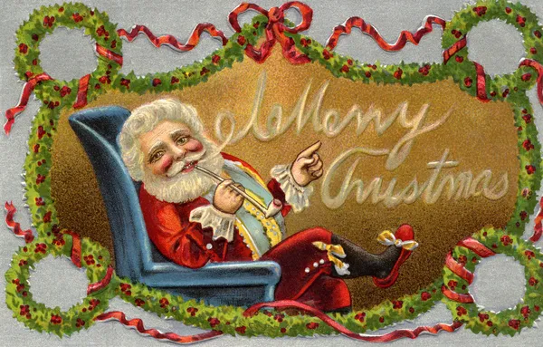 Biglietto di Natale vintage di Babbo Natale seduto su una sedia e ghirlande — Foto Stock