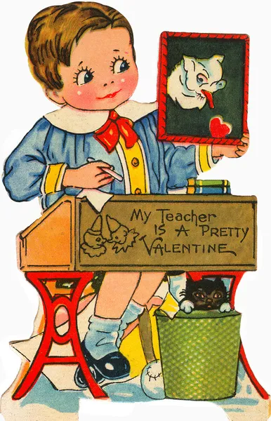 En vintage valentine för en liten pojke som håller en bild på en hund — Stockfoto