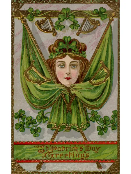 Carte souvenir vintage de la Saint-Patrick avec des images d'une femme, des drapeaux et des harpes — Photo