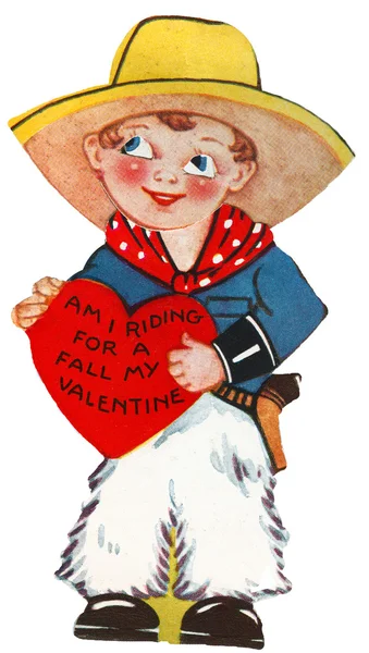 A boy dressed as a cowboy holding a valentine. — Stock Photo, Image