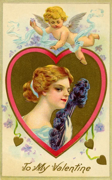 A vintage Valentine card with cupid flying over a woman with a feather fan — Stock Photo, Image