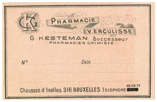 Una etiqueta de farmacia médica belga vintage —  Fotos de Stock