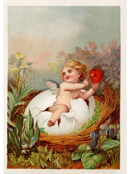Una postal de Pascua vintage con un querubín sosteniendo una llave y el corazón rompiendo de un huevo — Foto de Stock