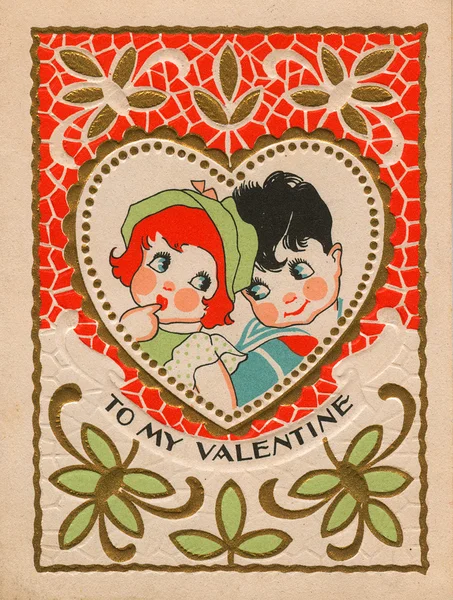 En vintage valentine med en pojke och flicka — Stockfoto
