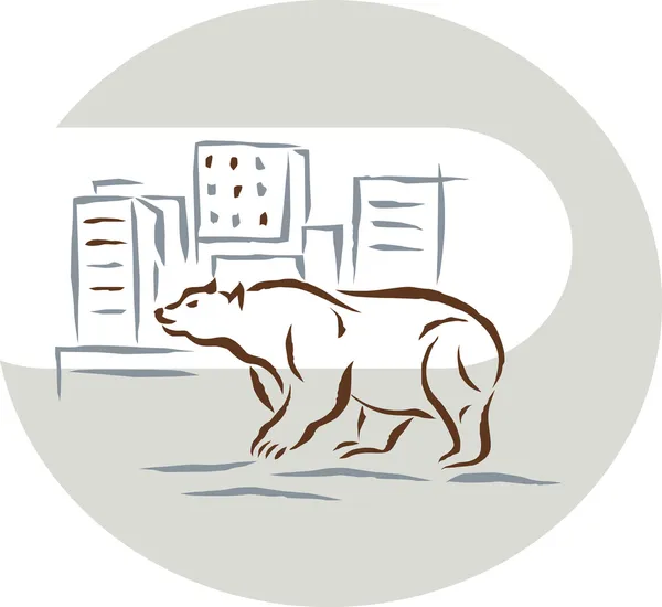 Μια πολική αρκούδα στέκεται ενάντια στον ορίζοντα της πόλης — Φωτογραφία Αρχείου