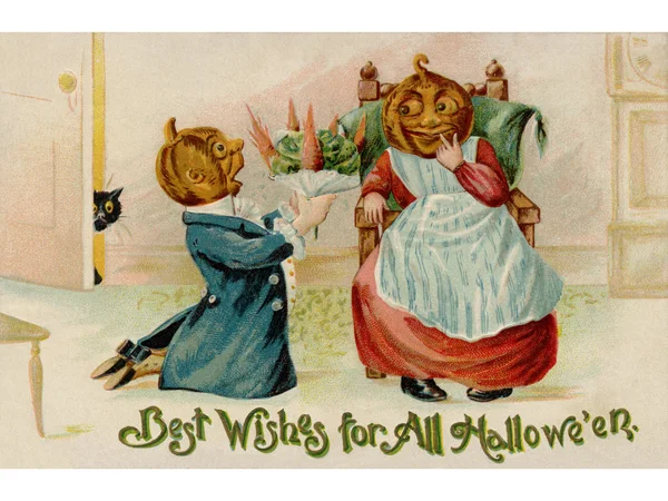 Un'immagine ispirata ad Halloween di un uomo con una testa di zucca che fa un regalo a sua moglie — Foto Stock