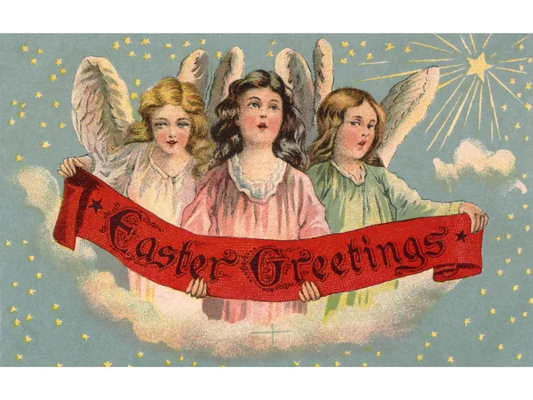 Ročník velikonoční pohlednice ze tří andělů drží transparent — Stock fotografie