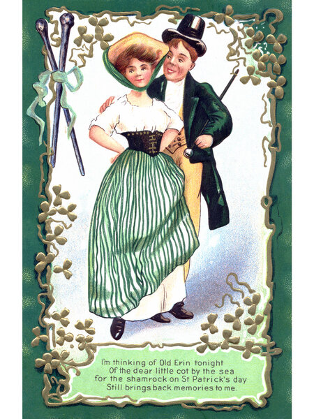 An Irish poem printed on a vintage card with an illustration of a dancing couple