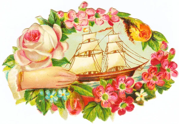 A hand reaching out to a sailboat surrounded by flowers — Stock Photo, Image