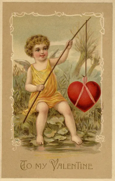 Um cartão de Dia dos Namorados vintage com um cupido pescando um coração Fotos De Bancos De Imagens