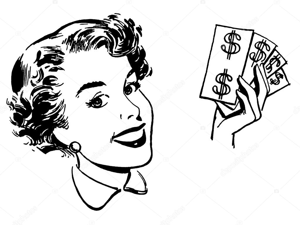 A black and white version of a graphical portrait of a woman with wads of cash