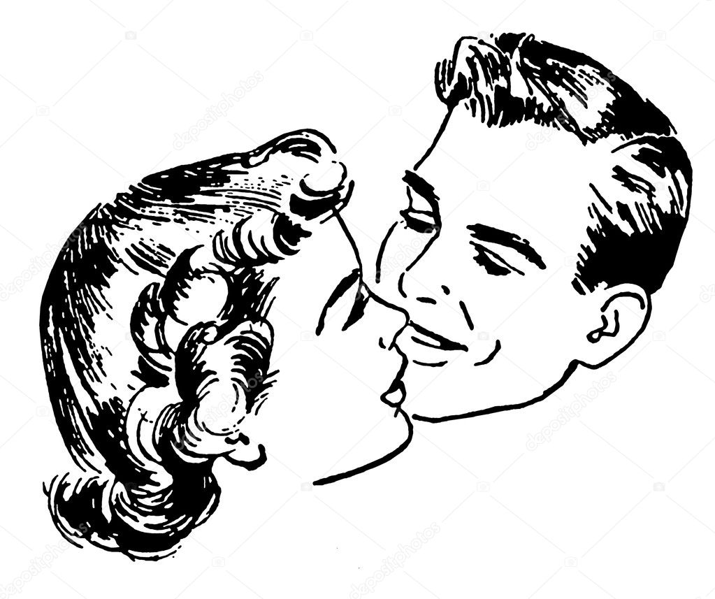 A black and white version of a vintage illustration of a couple embracing