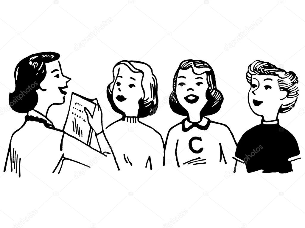 A black and white version of a vintage style illustration of a group of women
