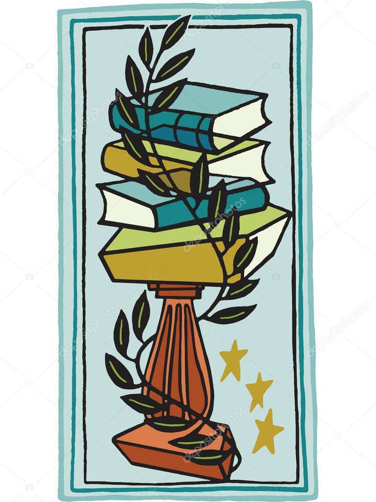 Stack of books on pedestal with leaf