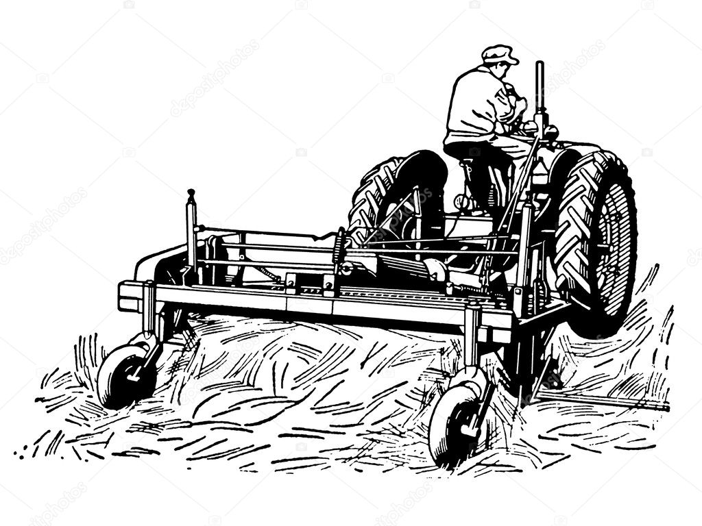 A black and white version of a vintage illustration of a man tending to fields with a tractor