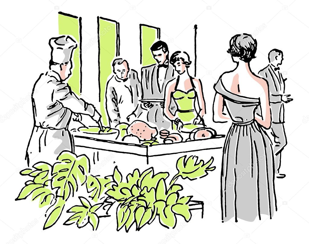 A vintage illustration of a group enjoying a buffet