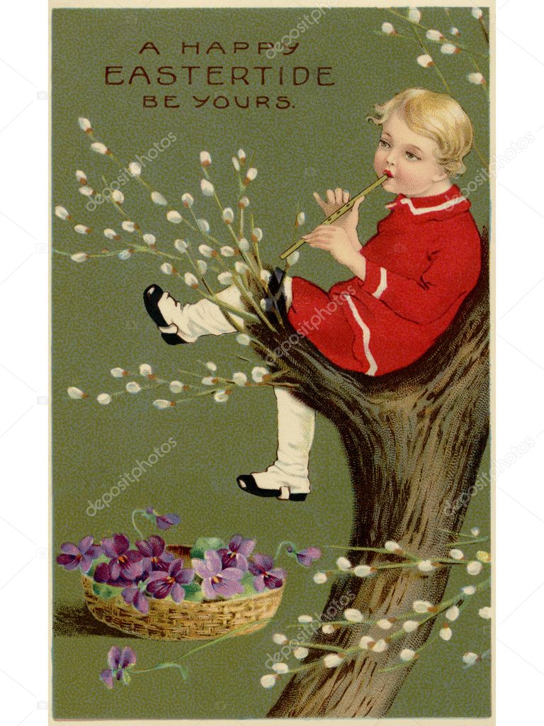 A vintage Easter postcard of a basket of violets and a boy playing a flute in a pussy willow tree