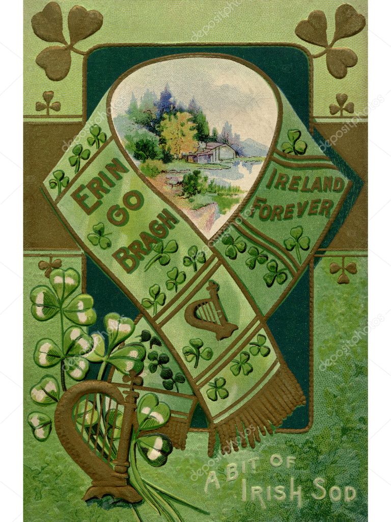 A vintage collage illustration of a scarf, harp, shamrocks and a rural landscape