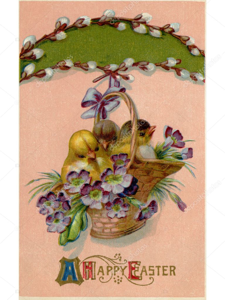 A vintage Easter postcard of a basket full of chicks and violets hanging from a pussy willow branch