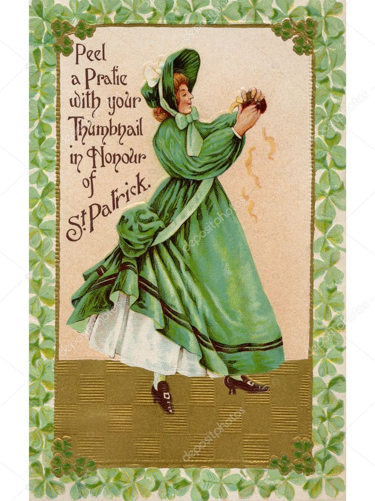 A vintage card of a woman peeling a pratie in honor of St Patrick