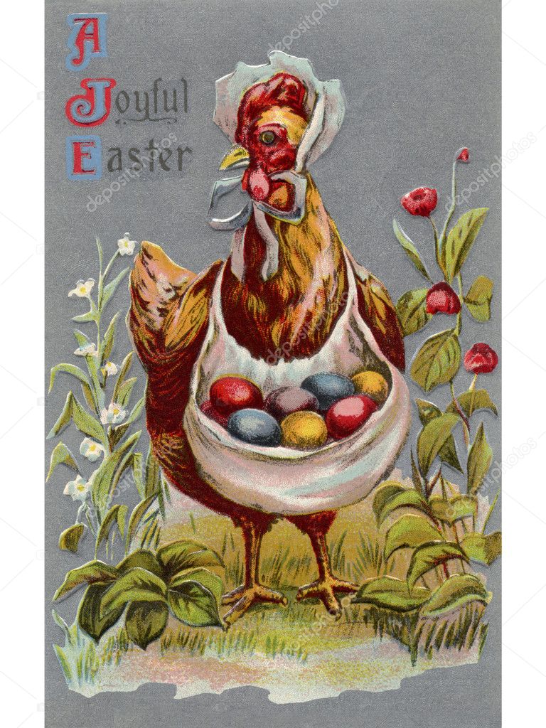 A vintage Easter postcard of a hen carrying colored Easter eggs