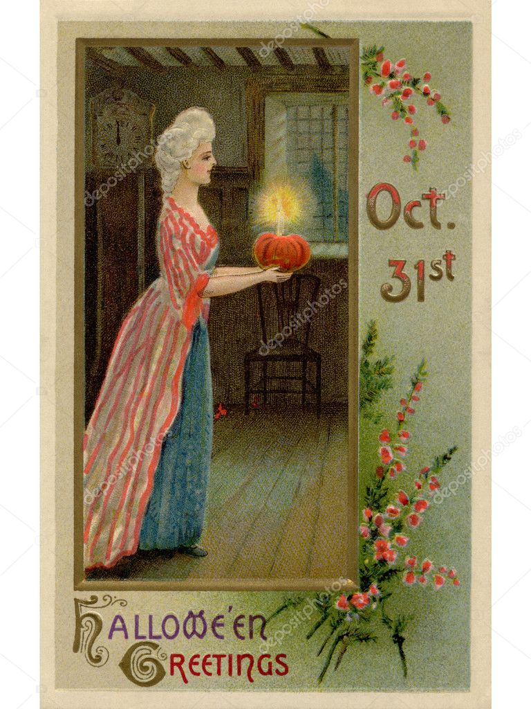 A vintage Halloween image of a woman dressed in Victorian attire carrying an illuminated pumpkin