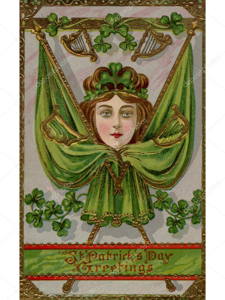 A vintage St. Patrick's Day Souvenir card with images of a woman, flags and harps